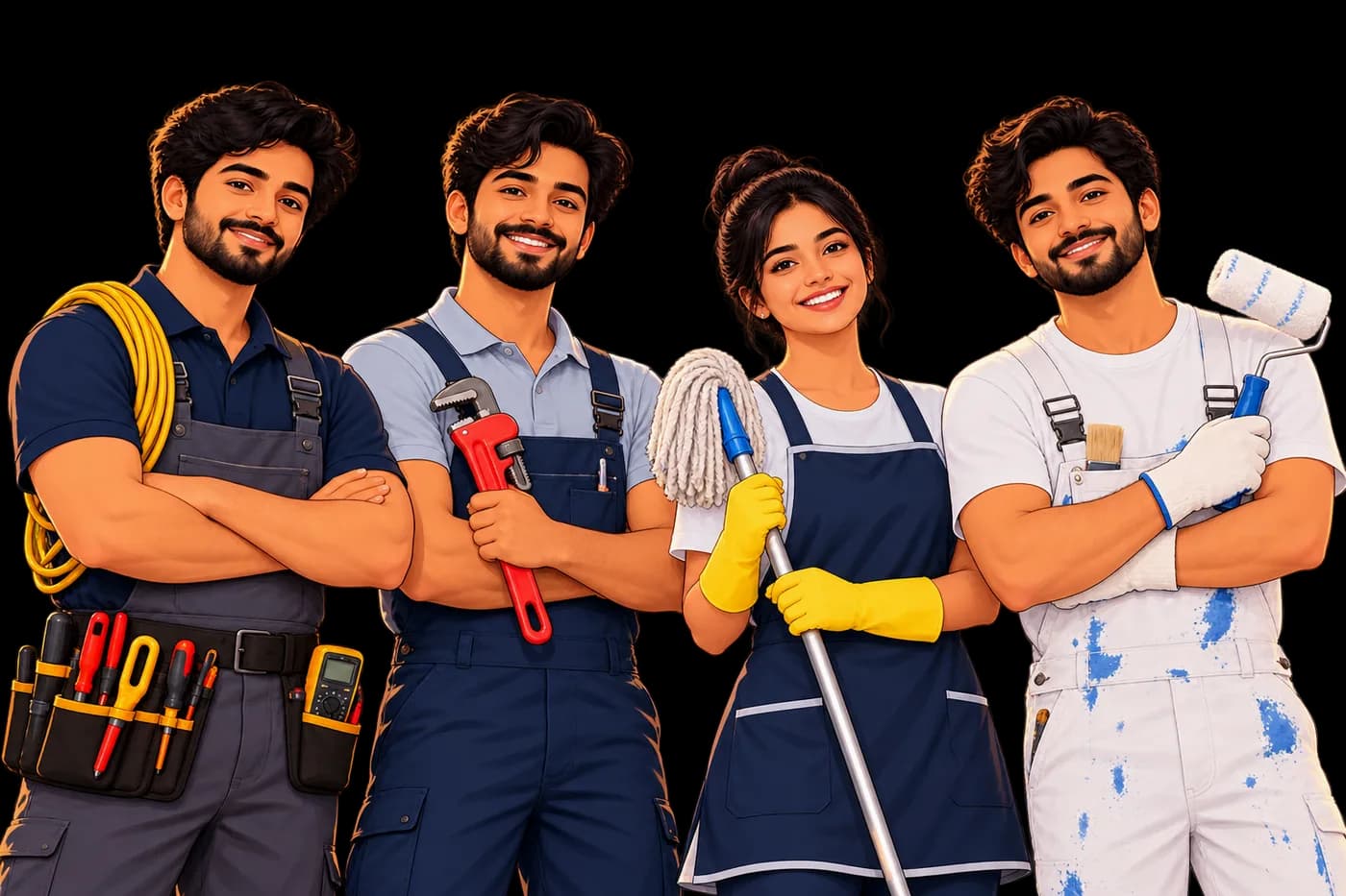 Four Dhoondo helpers: an electrician, a plumber, a cleaner and a painter.