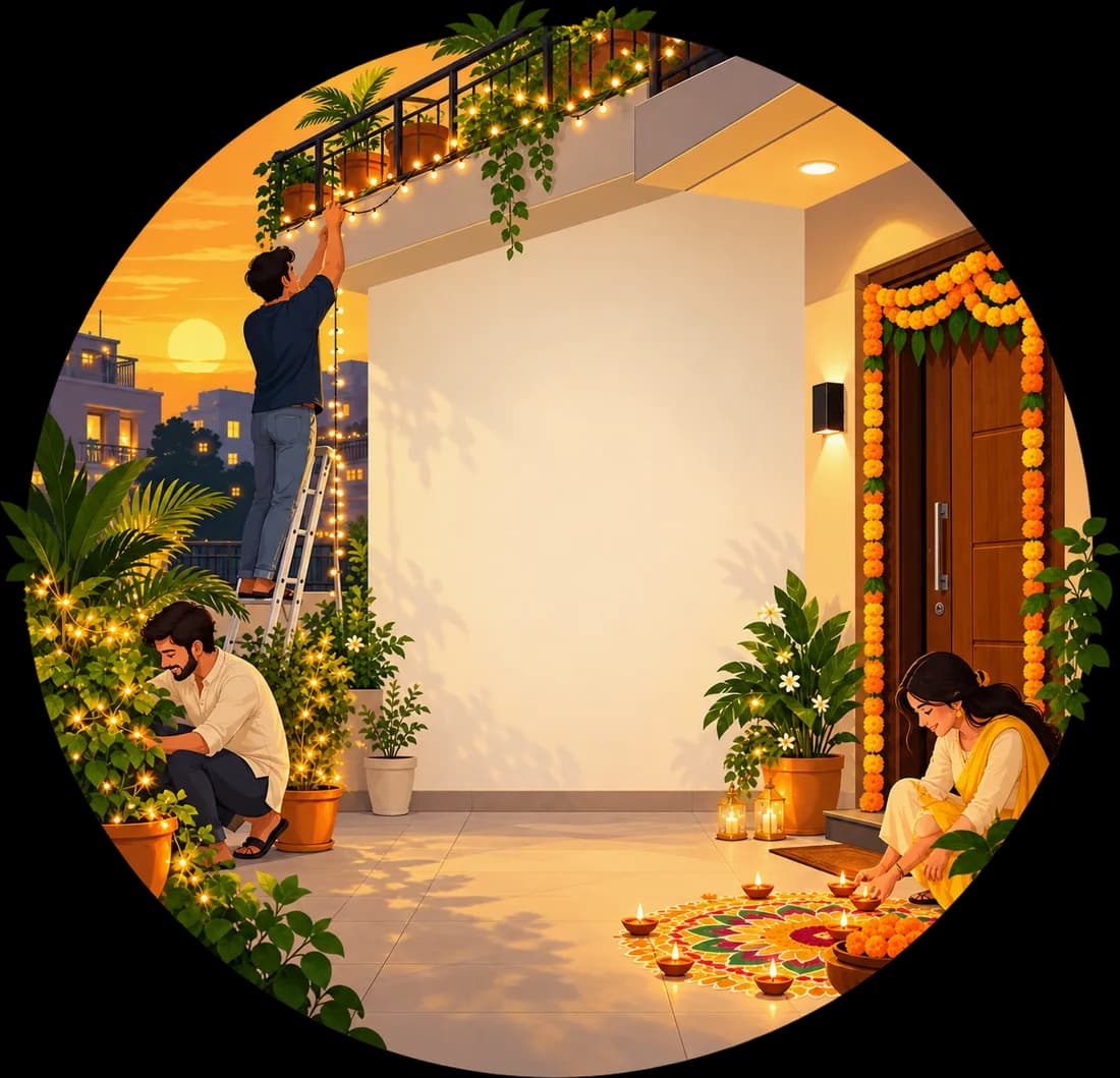 A Faridabad home getting ready for Diwali: lights going up on the balcony and diyas around a rangoli at the door.